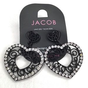 💎Jacob Black Enamel Rhinestone Heart Drop Earrings Vintage